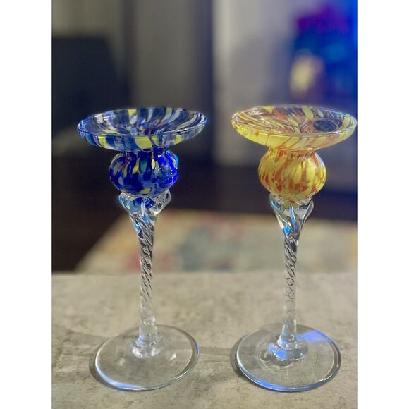 Murano Style Swirled Art Glass Candle Holders, Made in Italy, Set of 2 - Picture 2 of 14